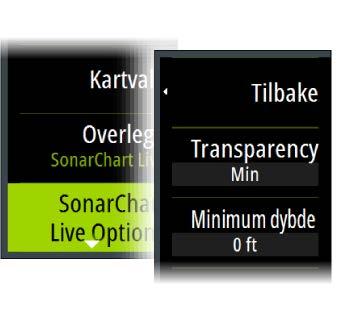 Når du velger SonarChart Live-overlegget, utvides menyen for å vise alternativene for SonarChart Live. Bruk alternativene til å angi gjennomsiktighet og minste dybde.