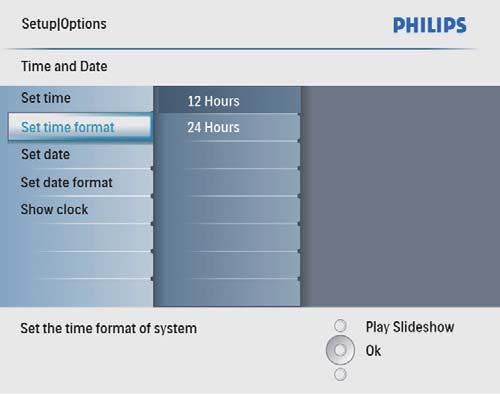 Angi klokkeslett- og datoformat Du kan angi formatet på klokkeslettet og datoen som vises på PhotoFrame.