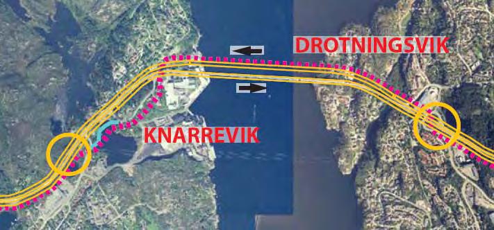 For å få 4 felt på heile strekninga inneber løysinga at det må byggast ny tunnel med to køyrefelt parallelt med dagens Kolltveittunnel på Sotrasida og ny tunnel med to køyrefelt gjennom Kiplehaugen