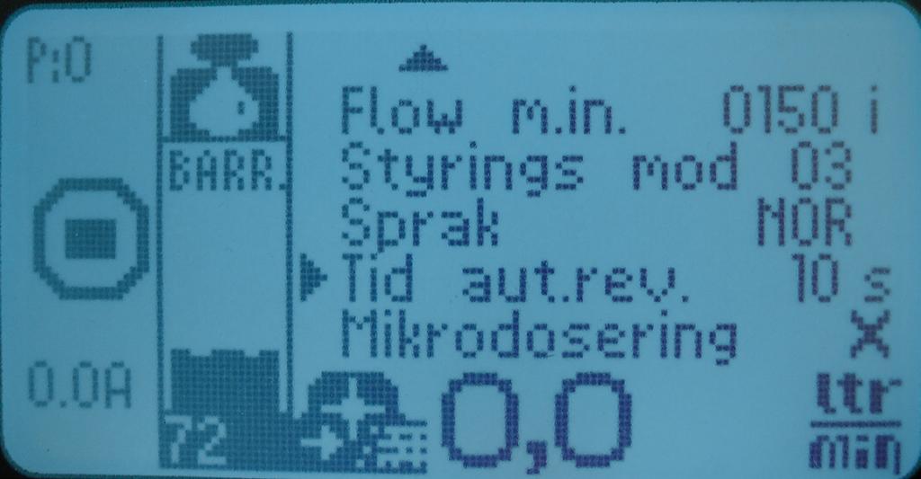 MENY Meny side 2. Flowmeter instilling: denne verdien brukes for kalibrering av flowmeter. Dersom en finner avvik mellom verdi på skjermen (liter) og dosert mengde kan flowmeter innstillingen endres.