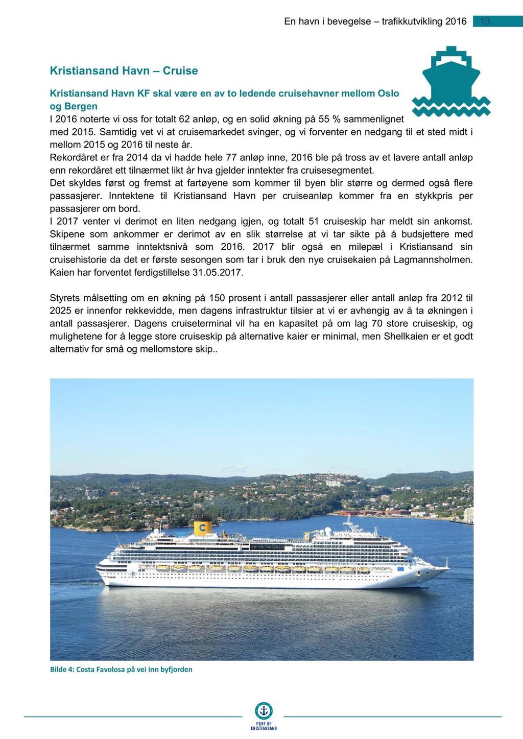 En havn i bevegelse trafikkutvikling 6 3 Krist i ansand Havn Cruise Kristiansand Havn KF skal være en av to ledende cruisehavner mellom Oslo og Bergen I 6 noterte vi oss for totalt 6 anløp, og en