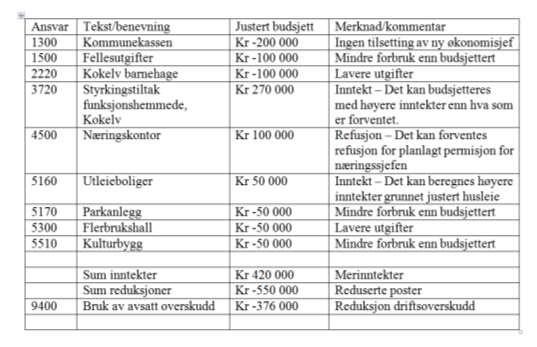 Sak 57/17 I tillegg reduseres budsjettert driftsoverskudd med kr 376 000.