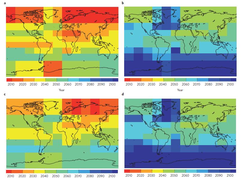men: «verdens temperatur» Når er første (venstre) og siste (høyre) år modellen ser 2 grader økning et bestemt sted? er et kunstig tall. Når går vi over 2 grader lokalt?