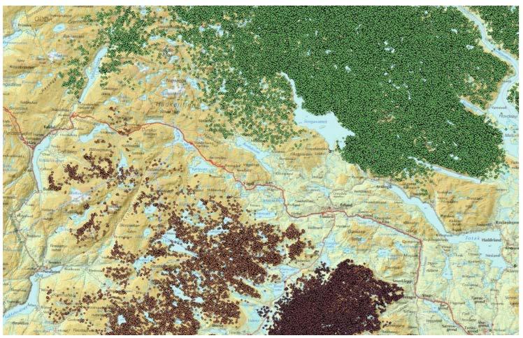 Villrein unngår veg og vegen sitt nærområde. Kartet viser områda rundt E134 over Haukeli med samtlege GPS-data henta frå samla inn på Hardangervidda (mars 2000 t.o.m. mai 2014, grøne sirklar), Setesdal vesthei (mars 2007 t.