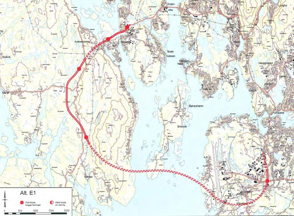 Hovudkonsept 3: Nytt samband i ein sørleg korridor Sotra Bergen sør (Ytrebygda) Det vert bygd nytt 4-felts vegsamband mellom Straume og hovudvegsystemet i Bergen sør; Ytrebygda via ein sørleg