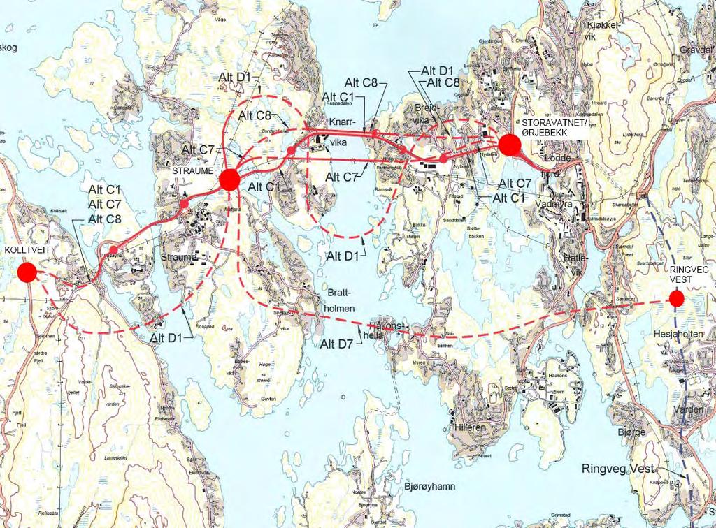 Hovudkonsept 2: Nytt samband i eksisterande korridor Sotra Bergen vest Det vert bygd nytt 4-felts vegsamband mellom Kolltveitområdet på Sotra og tilknytingspunkt til hovudvegsystemet i Bergen vest