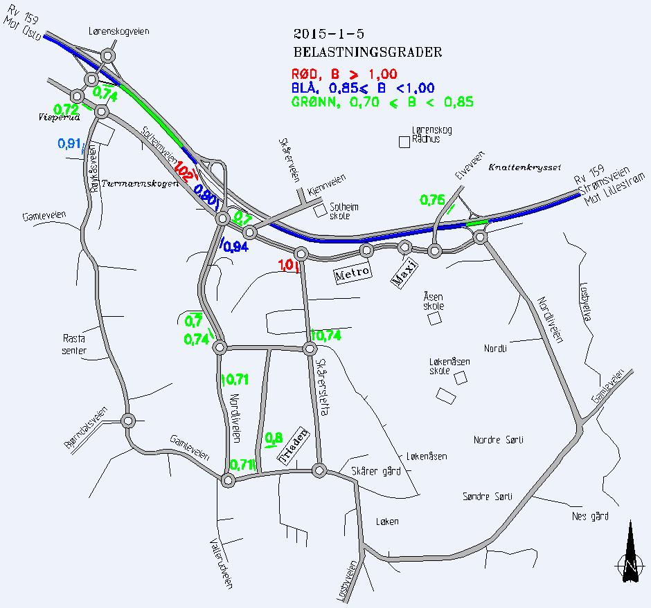 Figur 3 viser beregnet trafikkbelastning i konsekvensutredningen. Figur 3 - Beregnet trafikkbelastning i prognoseåret 2015 i største time i ettermiddagsrushet.