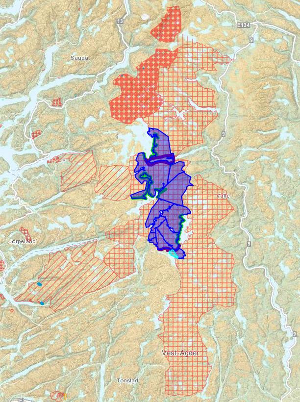 Njardarheim vest for Rosskreppfjorden 484 km2 Bykle statsallmenning vest for Blåsjø 50 km2 Bykle statsallmenning aust for Blåsjø 98 km2 Hjelmeland statsallmenning 32 km2 Hjelmeland statsallmenning,