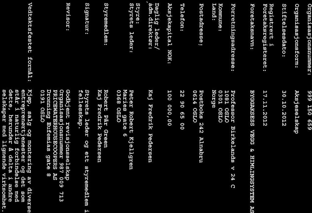~r Bronnøysundregistrene I Organisasjonsnummer: 999 150 659 Organisasjonsform: Aksjeselskap Stiftelsesdato: 30.10.2012 Registrert i Foretaksregisteret: 17.11.