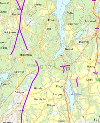 Figur 5: Vilttrekk (lilla) til venstre, verdifulle leveområder markert med blå trekanter i kart til høyre. Skravert område til høyre viser verdifulle leveområder for diverse fuglearter.