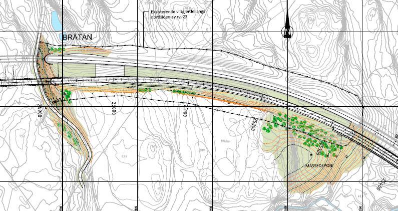 Figur 17: Bråtankrysset slik det er regulert. Nye Bråtan bru nede til høyre på tegningen (rød oval) Nytt kryss på Bråtan er ikke en del av byggetrinn 2 av rv.23 Oslofjordforbindelsen.