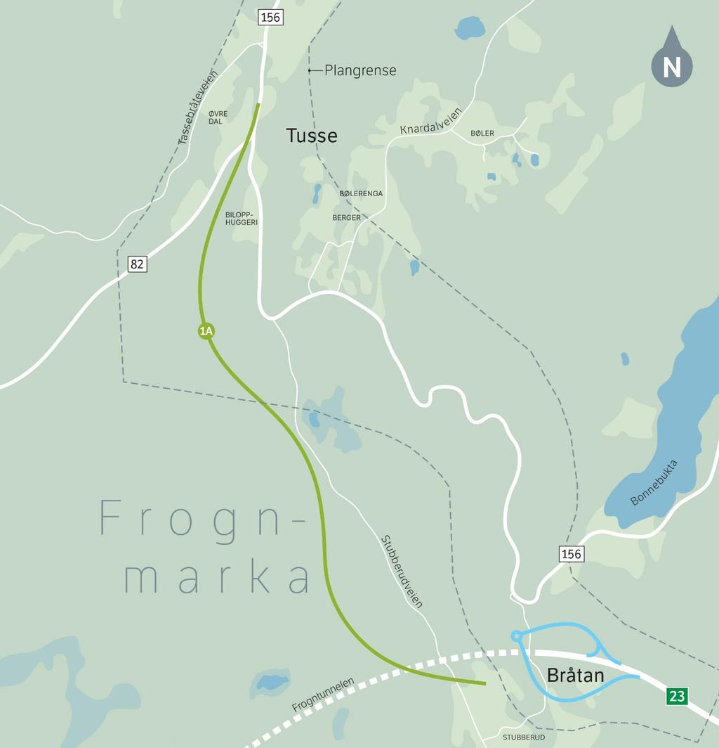 Figur 23: Trasealternativ 1A Trasé 1A: Dagløsning gjennom Frognmarka, 3 felt, 6% stigning Nøkkeldata: Oppfyller vegnormalkrav: Beskrivelse: Vegstandard og H5, ja H5-standard med RHmin=450 linjeføring