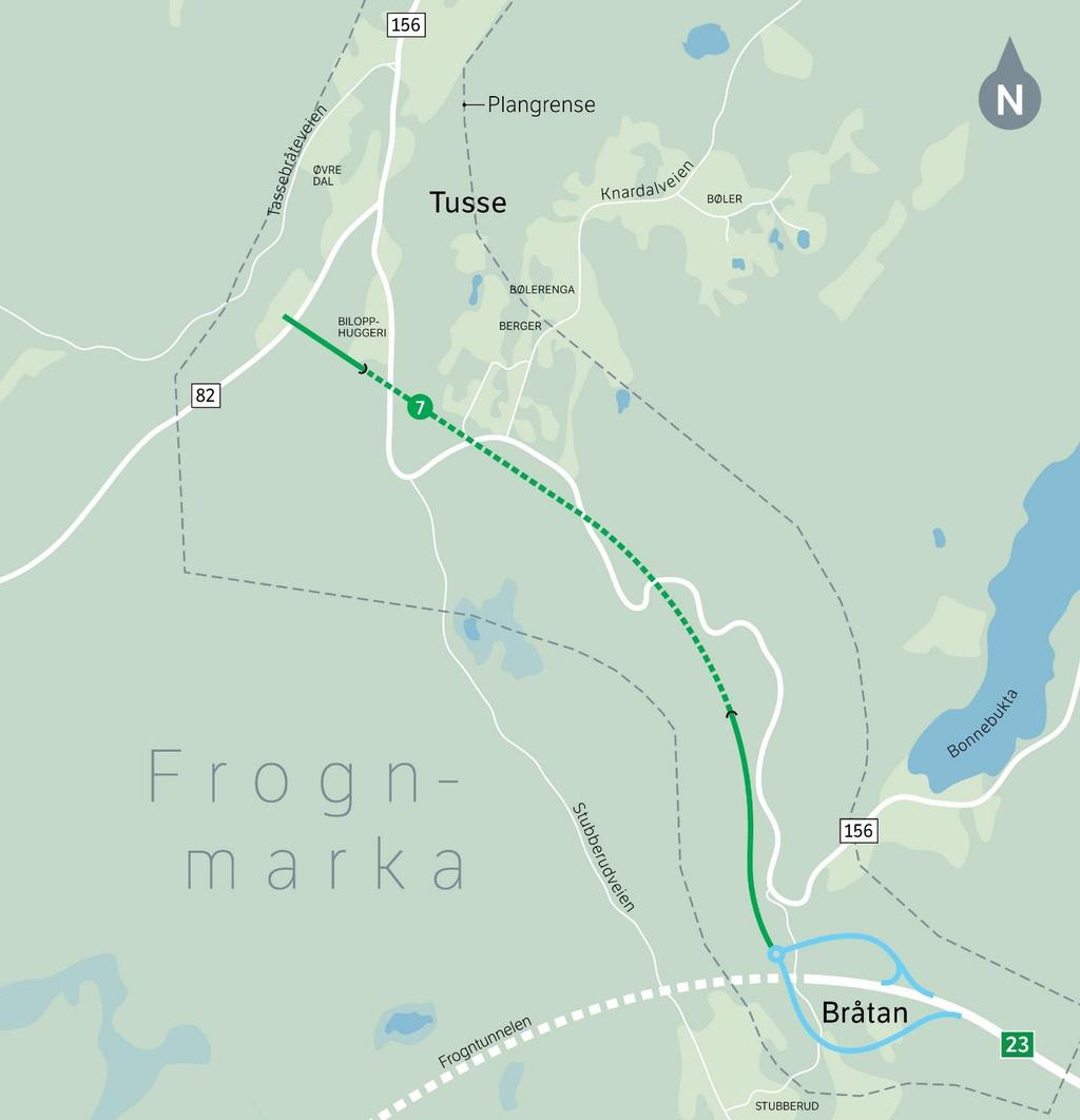 Figur 28: Trasealternativ 7 Trasé 7, ca. 1,15-1,25km tunnel mot fv.82 i Havsjødalen Nøkkeldata: Oppfyller vegnormalkrav: Beskrivelse: Vegstandard og linjeføring H5, ja H5 med RHmin=675.