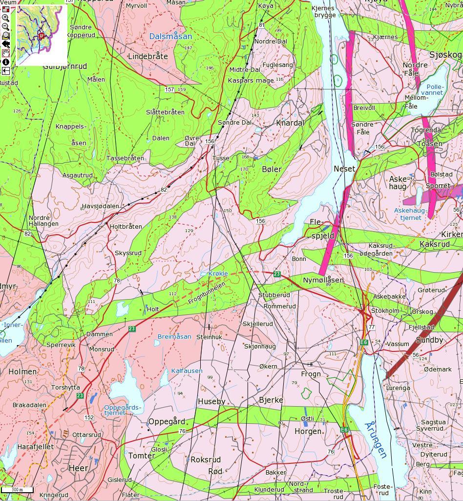 Figur 32: kart med forkastninger og skyvedekkegrense i Havsjødalen. Lys grønn: biotitt-muskovittgneis, Lys rosa: Granittisk til tonalittisk biotittgneis, migmatittisk, stedvis øyegneis (ngu.