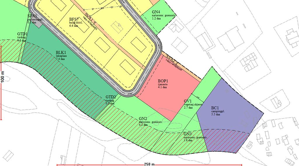 BFS7 er ubebygd. 6 ledige tomter. B1 er et ubebygd område avsatt til omsorgsboliger. Området vil bli detaljplanlagt nærmere ved prosjektering.