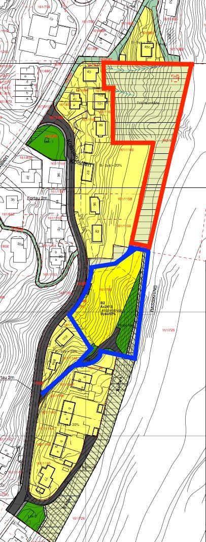 Figur 4: Utsnitt fra reguleringsplan. Grans eiendom merket med røde linjer og Kolstien Panorama AS eiendom merket med blå linjer. Kilde: Bergen kommune (2017a).