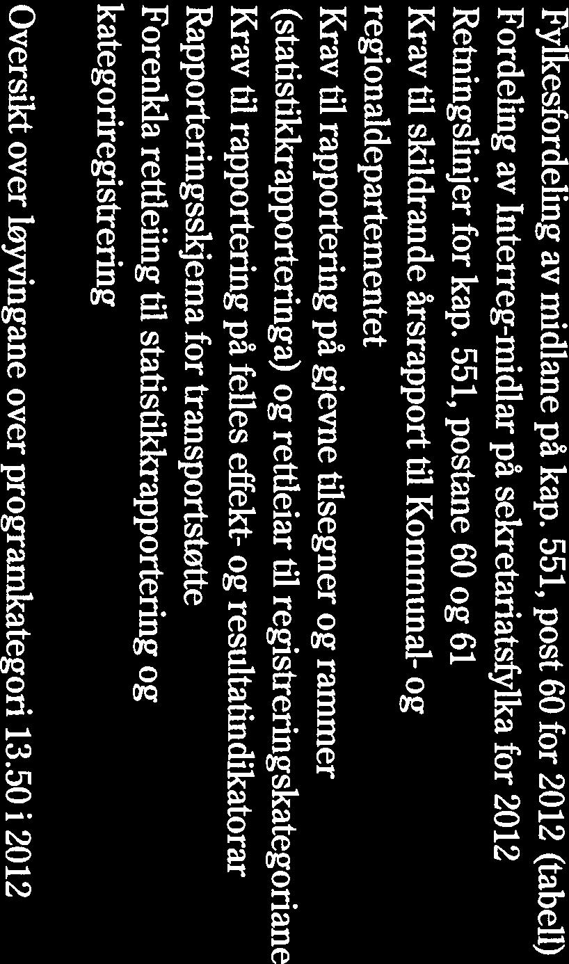 VEDLEGG Vedlegg 1: Fylkesfordeling av midlane på kap. 551, 60 for 2012 (tabell) Vedlegg 2: Fordeling av Interreg-midlar på sekretariatsfylka for 2012 Vedlegg 3. Retningslinjer for kap.