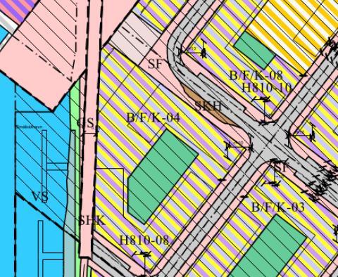 Bilde 1: Viser utdrag fra gjeldende områdeplan. Foreslått bebyggelse er angitt med svart sammenhengende strek innenfor formålsgrensen B/F/K-04.