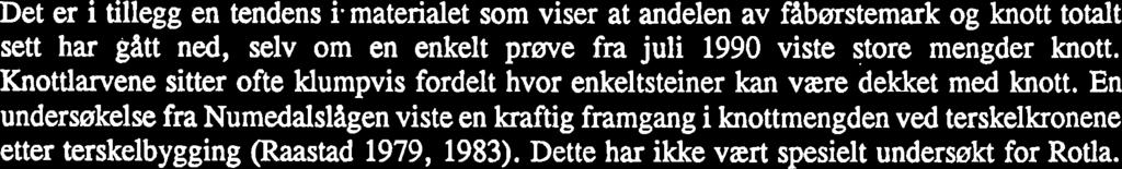 Det er i tillegg en tendens i- materialet som viser at andelen av fåbørstemark og knott totalt sett har gitt ned, selv om en enkelt prme fra juli 990 viste store mengder knott.