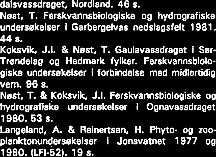 Kjemiske og biologiske undersakelser i Leksdalsvatn og Hoklingen, Nord-Trendelag, sommeren 980. (LFI-5. 32 s. Nest, T.