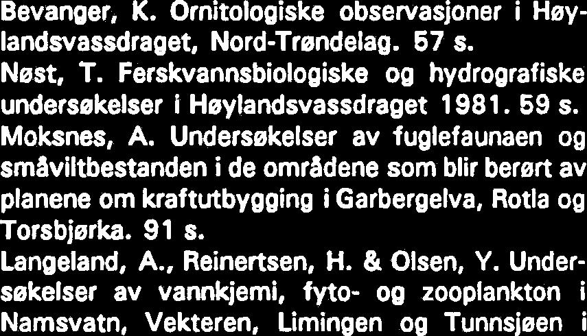 Ferskvannsbiologiske og hydrografiske undersekelser i Istravassdraget 980. 48 s. Bevanger, K. Fuglefaunaen i Nesaas nedberfelt, Nord-Trondelag. 5 s. Bevanger, K., Gjershaug, J.O. & Albu, 0.