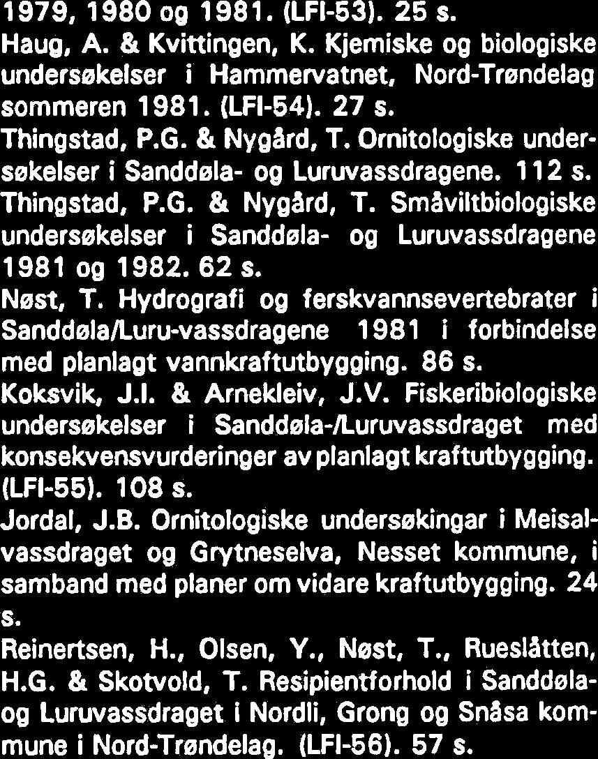 42 s. Nest, T. & Koksvik, J.I. Ferskvannsbiologiske og hydrografiske undersekelser i Snasavatnet 980. 54 s. Arnekleiv, J.V.