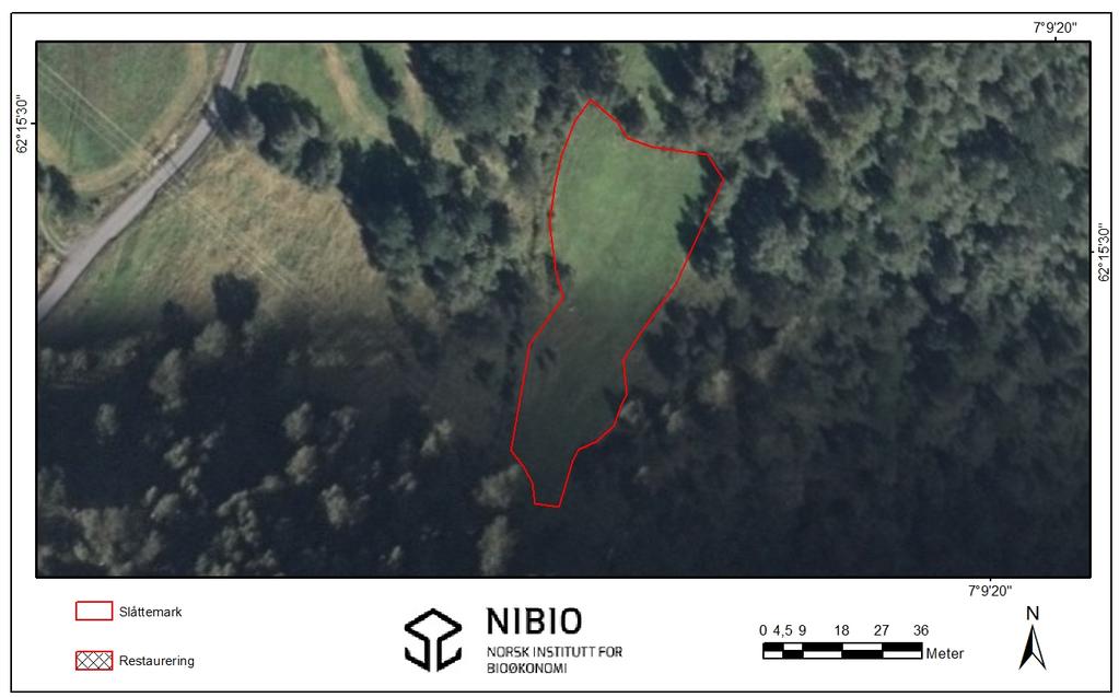 br.nr. 2. Slåttemark inntegnet rødt og restaureringsareal skravert. Kartgrunnlag: Norge Digitalt.