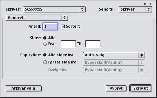 MAC OS 9 (1) 1 Kjør utskrift fra SimpleText. (1) Åpne [Arkiv]-menyen. (2) Velg [Skriv ut]. (2) (2) (1) (3) 2 Velg skriverinnstillinger og klikk på [Skriv ut]-tasten.