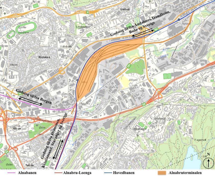 4.1.2 Alnabru godsterminal Alnabru godsterminal, oransje område figur 23, er lokalisert nord-øst i Oslo, i Groruddalen.