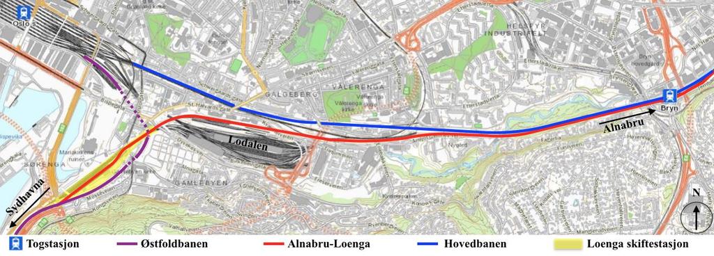 4.1.3 Godssporet Alnabru-Loenga Østfoldbanen har en avgreining i plan til Loenga skiftestasjon, gult område i figur 24.