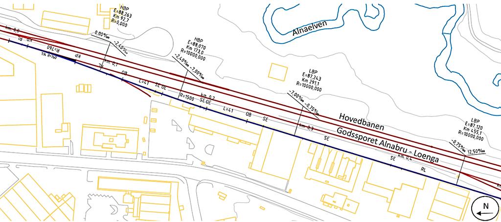 7.2 Alternativ 1B Alternativet er tilsvarende som alternativ 1B, men ved avgreiningen på Bryn krysser godsbanen Hovedbanen og Alnaleven i en bru. Alternativet er 13,4 km langt, derav 12 km i tunnel.