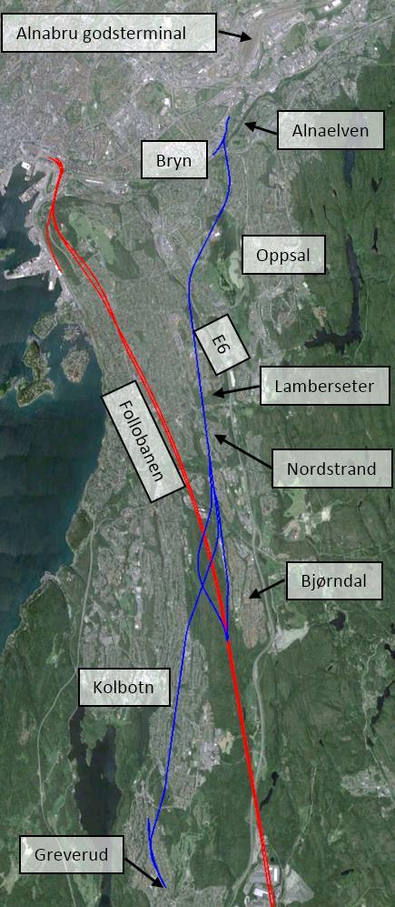 7.3 Alternativ 2A Alternativ 2A går mellom Bryn og Greverud. Avgreiningen fra godssporet Alnabru Loenga er tilsvarende som i alternativ 1A.