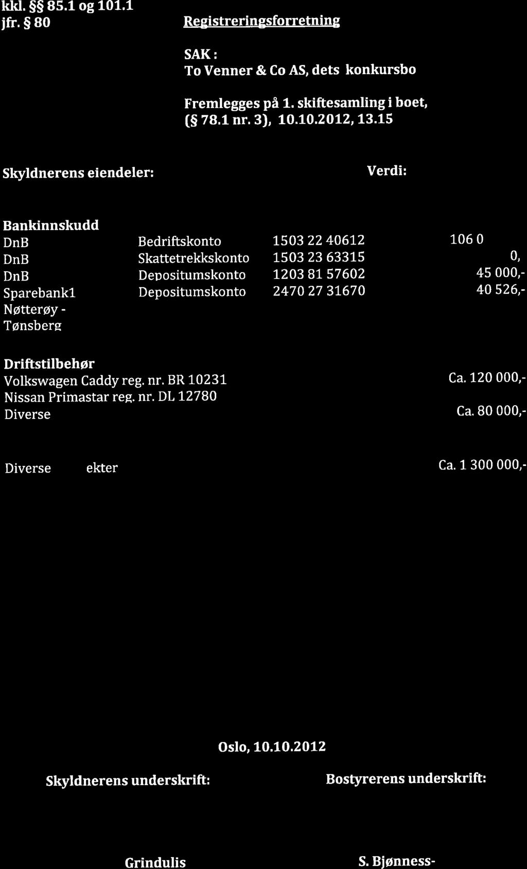 kkl.ss 85.1og 101.1 ifr. S 80 Registreringsforretning SAK: To Venner & Co AS, dets konkursbo Fremlegges på 1. skiftesamlingi boet, (S 78.1 nr. 3), LO.LO.TOLZ, 13.