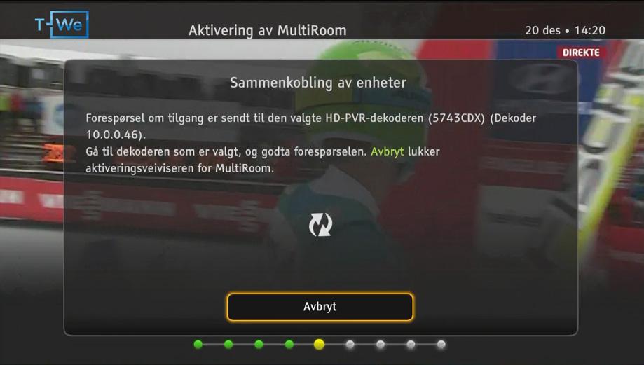 Velg «Aktivering av Multiroom» og «Fortsett». Når installasjonen pauser ved «Sammenkobling av enheter» må du gå til din T-We Box for neste steg.