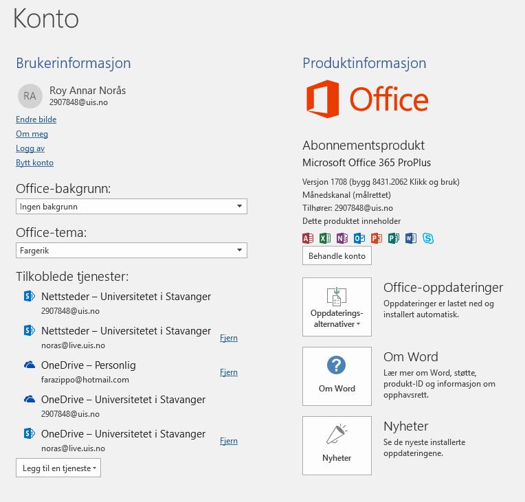 Konto informasjon Når Office 365 Pro Plus er installert finner du status via