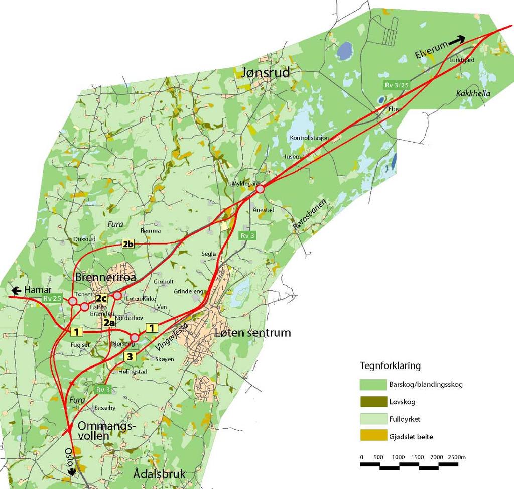 Figur54: Markslagskart for strekningen Ommangsvollen-Elverum grense. Vest for Ånestad er eiendommene hovedsakelig jordbrukseiendommer med beskjedne skogressurser for enkelte av eiendommene.