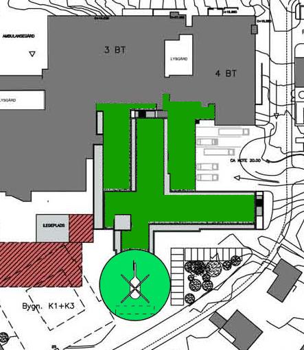 Dette er vist i vedlegg 1. Den endelige plasseringen av helikopterplassen er planlagt på toppen av det siste byggetrinnet (btr. 7) i Hovedutbyggingen av Sykehuset i Vestfold.