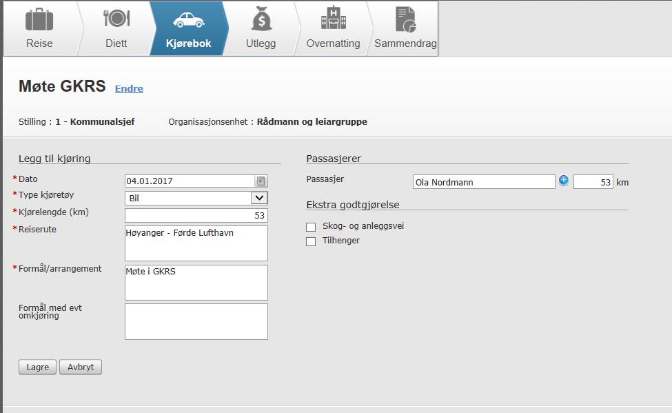 Legg inn opplysningar om kjøyrelengde, reiserute og formål og eventuelle passasjerar.