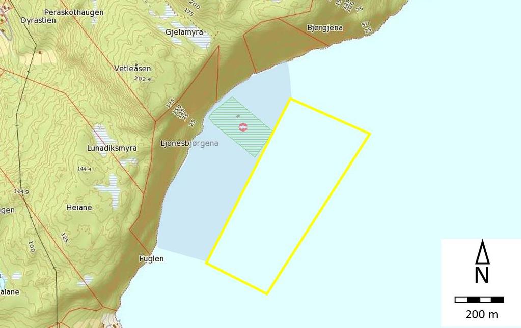 Ljonesbjørgane Her er areala i gjeldande kommuneplan store nok til å inkludere det tillate arealet i Fiskeridirektoratet sin database (figur 5).