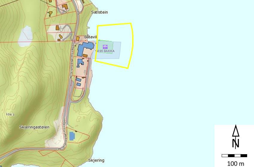 Figur 8. Bakka. Eksisterande anlegg (grøn skravering), avsett område i kommuneplan (lyseblått felt) og ønska nytt utvida areal (gult omriss).