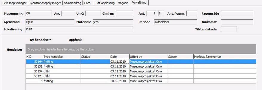 Griden inneholder feltene HID (hendelsens id), Type hendelse, Status (ikke fritekstfelt, status på hendelsestypen velges sammen med valg av hendelsestype), Dato, Utført av, Saksnr og