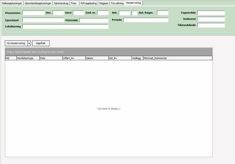 1.12. Konservering Konserveringsmodulen baseres på samme rammeverk som forvaltningsfanen, med hendelser knyttet til en eller flere gjenstander.
