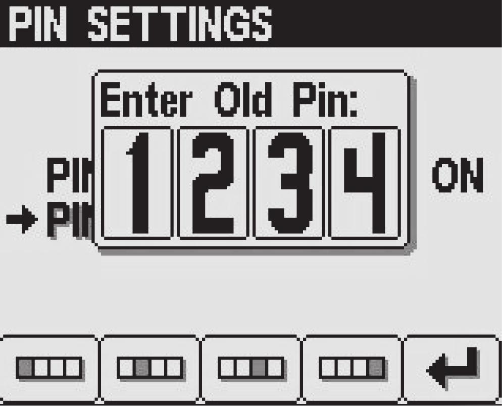 3. Trykk på knapp 2 til du når Endre PIN på skjermen PIN-innstillinger, og trykk på knapp 4 for å velge Endre PIN (Figur 27). Figur 28 1. Siffer 1 4. Siffer 4 2.