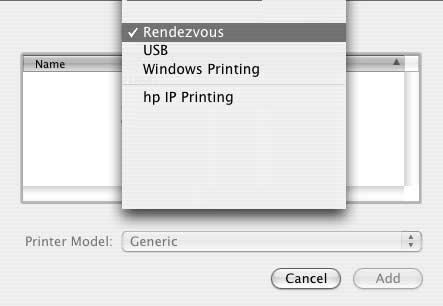 15. Gjør ett av følgende, avhengig av hvilken versjon av Mac OS X du bruker: Mac OS X v 10.2.3 og nyere Mac OS X v 10.2.2 og eldre Velg Rendezvous. Velg HP IP Printing, og klikk på Discover. 16.