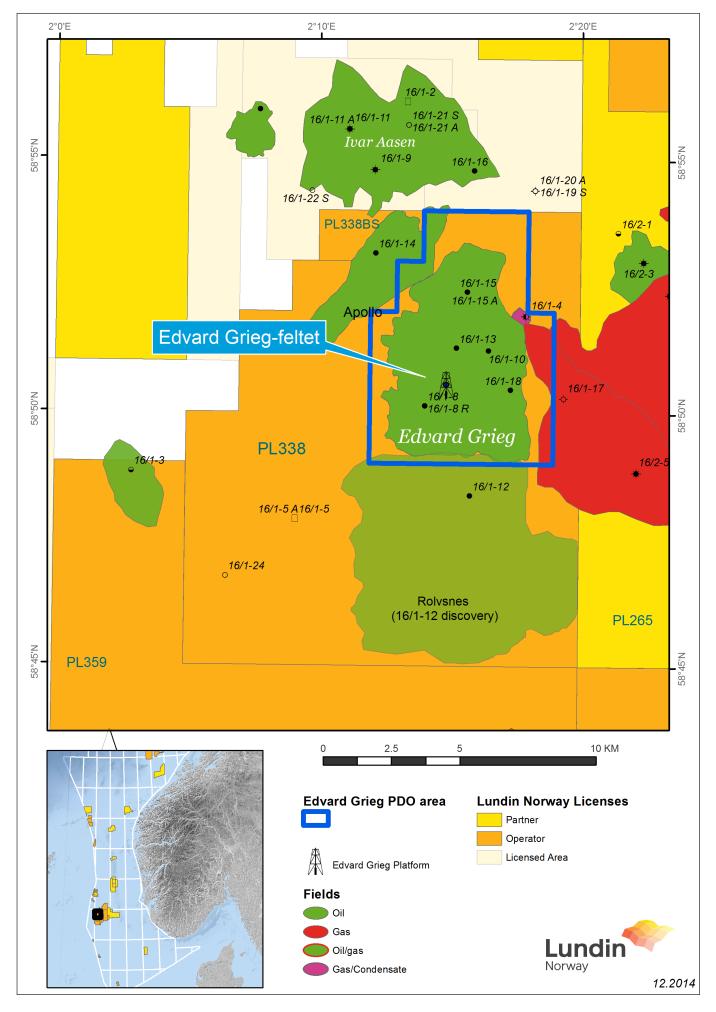 1 FELTETS STATUS 1.1 Generelt Edvard Grieg-feltet er lokalisert i blokk 16/1 i midtre del av Nordsjøen og omfattes av produksjonslisens PL 338.