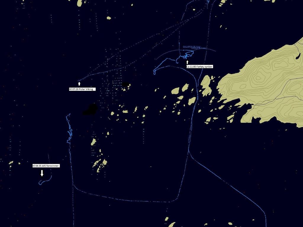 Kart: Kystinfo, Kystverket Figur 4: Radarbilde fra Værøy radar viser registrerte bevegelser i ulykkesområdet i tidsrommet fra