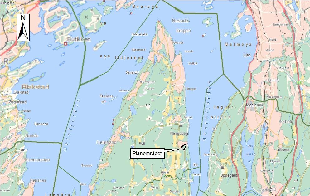 Kart 1: Geografisk plassering av planområdet i Bomansvik på Nesodden.