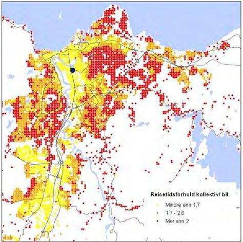 6 I figurene 4 og 5 nedenfor er vist reisetidsforholdet fra alle deler av byen til 4 utvalgte områder