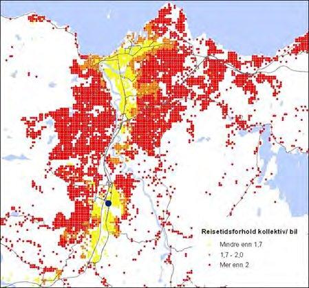 tre av de aktuelle områdene. For reiser til Tillerområdet er forholdet oransje.