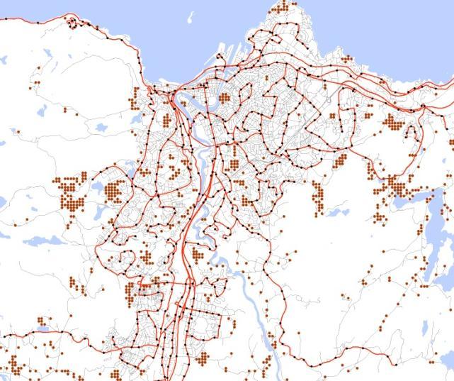 Rapport v 11 36 Figur 20: Kartet viser områder i de sentrale deler av Trondheim kommune der de bosatte har mer enn 600 meter til nærmeste holdeplass.